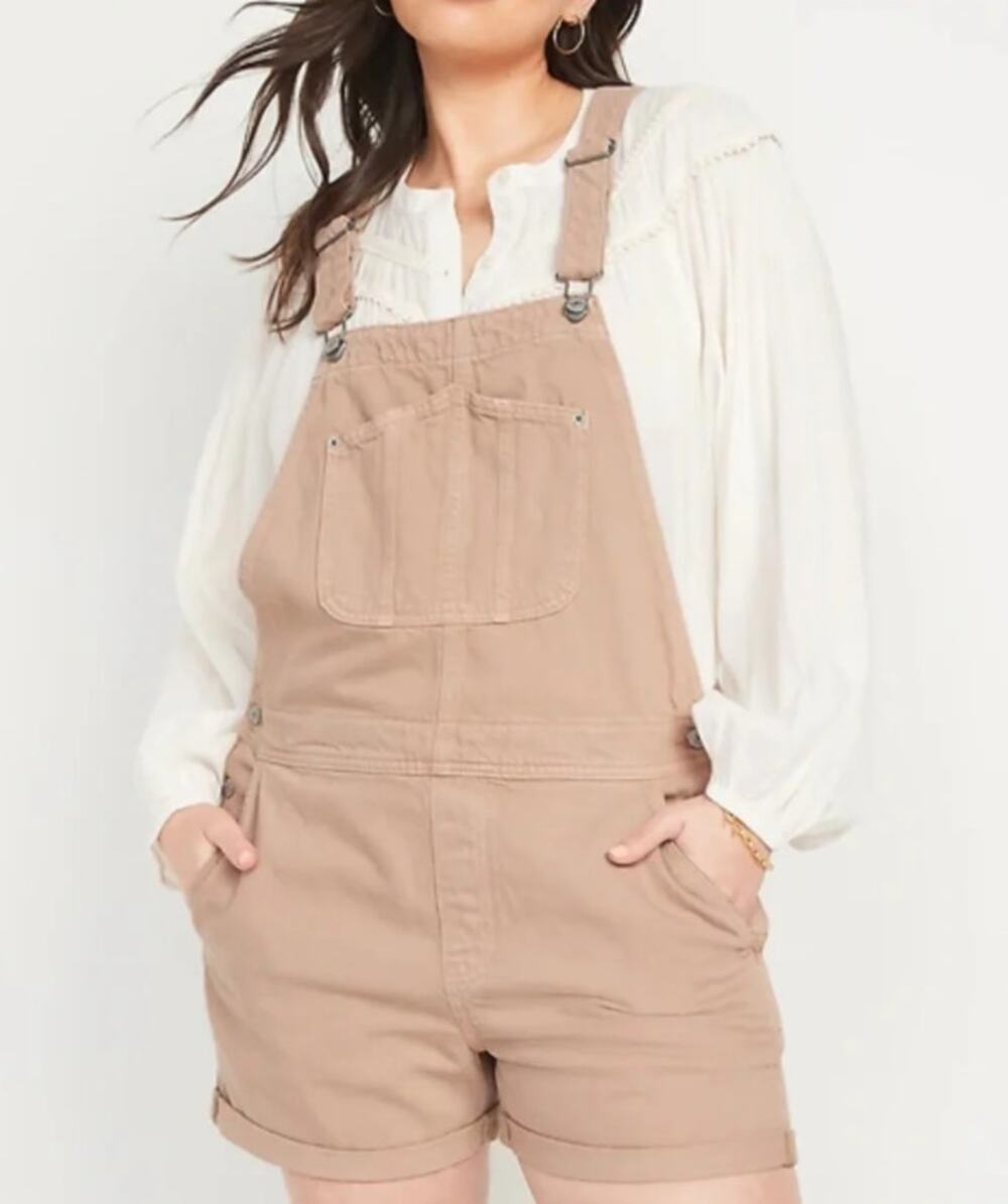 Old Navy Slouchy Straight Tan Short Denim Overalls 100% Cotton Women's Large